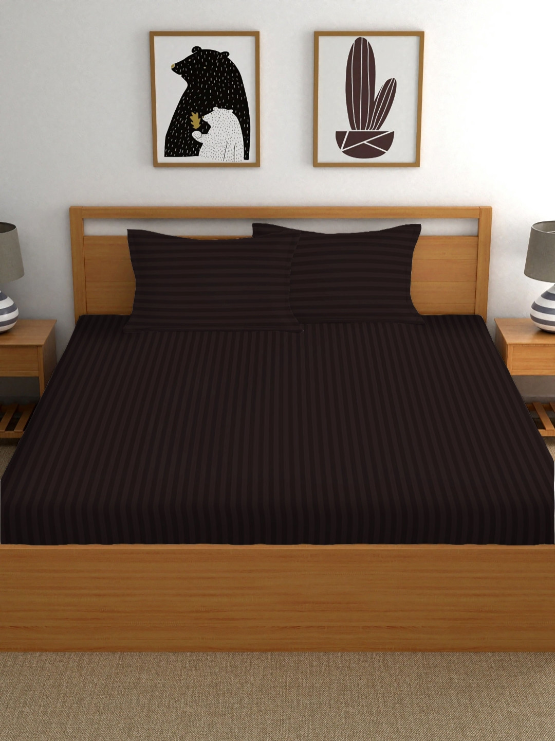 RIDHAAN Coffee Brown Striped Cotton 220 TC Fitted Queen Fine Bedsheet with 2 Pillow Covers-182 x 192 x 20 cm
