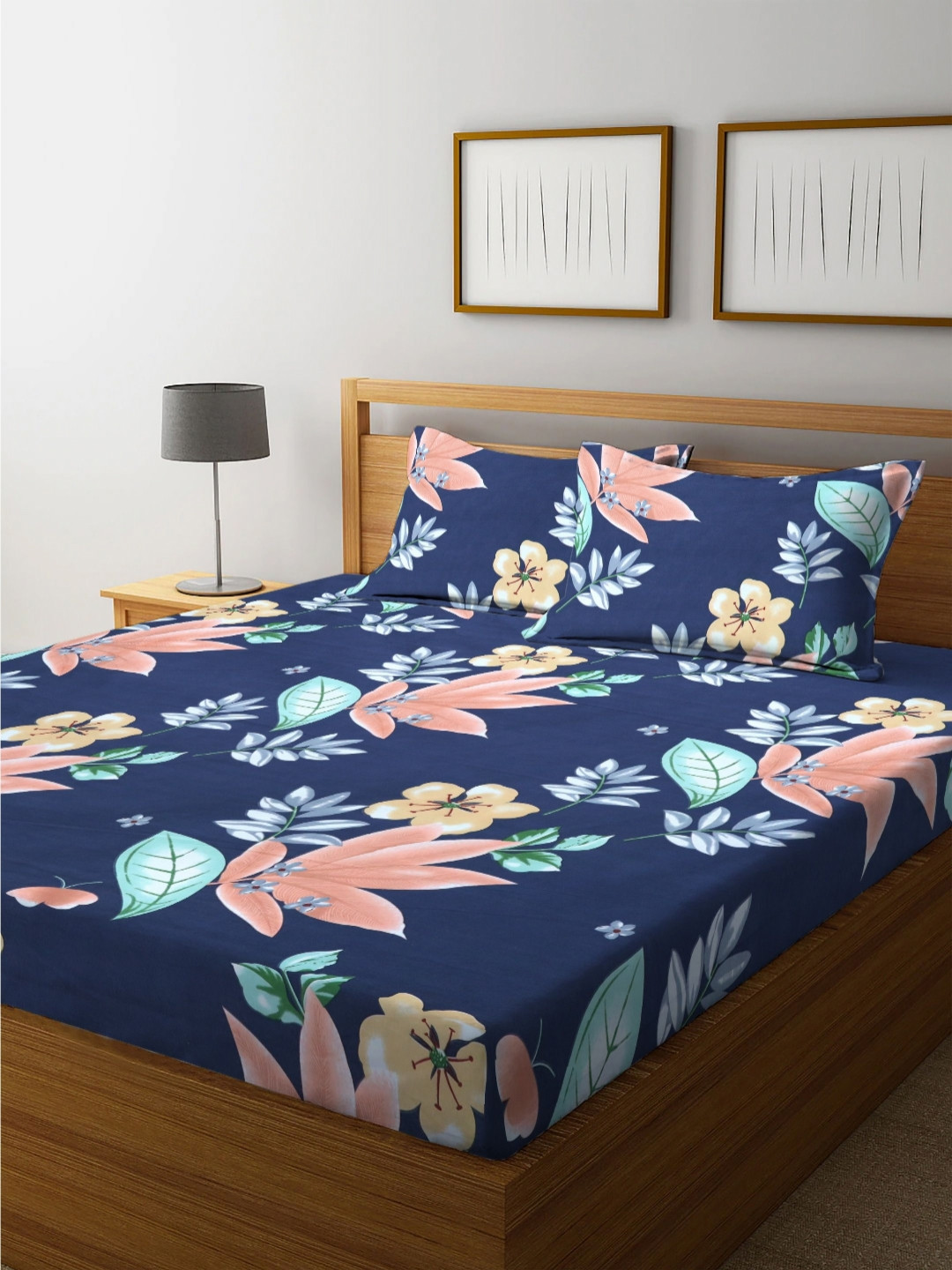 RIDHAAN Blue Floral Cotton 220 TC Fitted Queen Fine Bedsheet with 2 Pillow Covers-59 x 87 inches