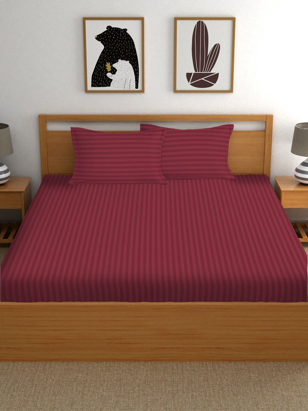 RIDHAAN Maroon Striped Cotton 220 TC Fitted Queen Fine Bedsheet with 2 Pillow Covers-72 x 76 inches