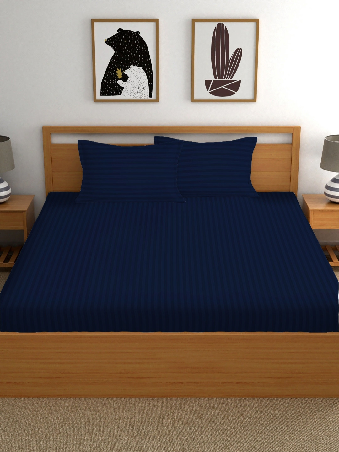 RIDHAAN Navy Blue Striped Cotton 220 TC Fitted Queen Fine Bedsheet with 2 Pillow Covers-72 x 76 inches