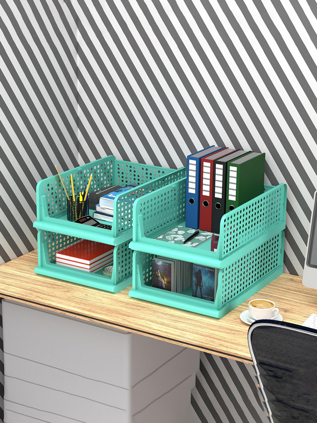 Kuber Industries Green 4 Pieces Checked Office Desk Organisers