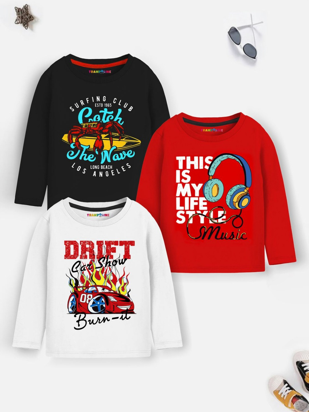 YK X Trampoline Boys Pack Of 3 Typography Printed Round Neck T-shirts