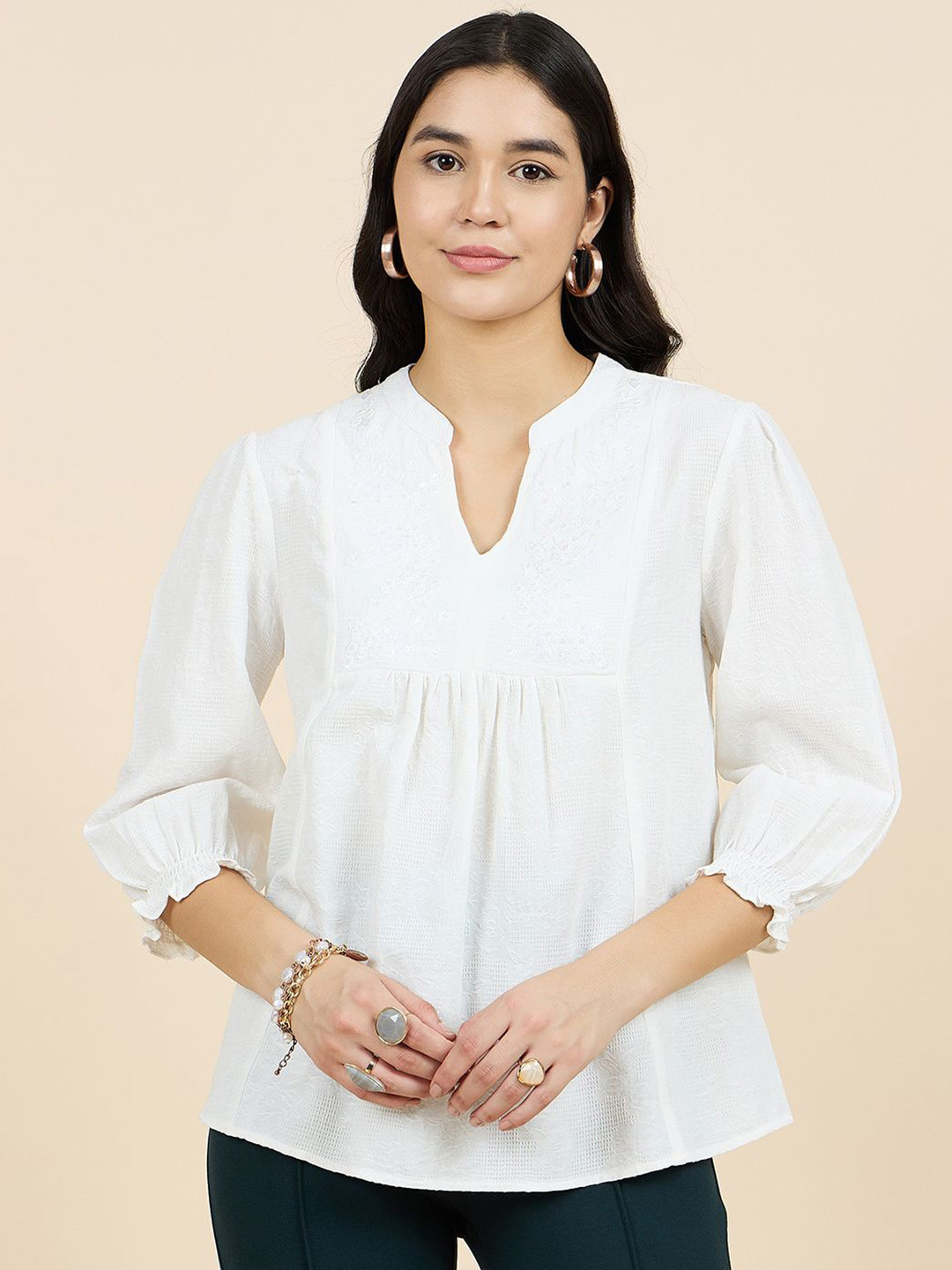 Gipsy Woman Mandarin Collar Puff Sleeve Cotton Top