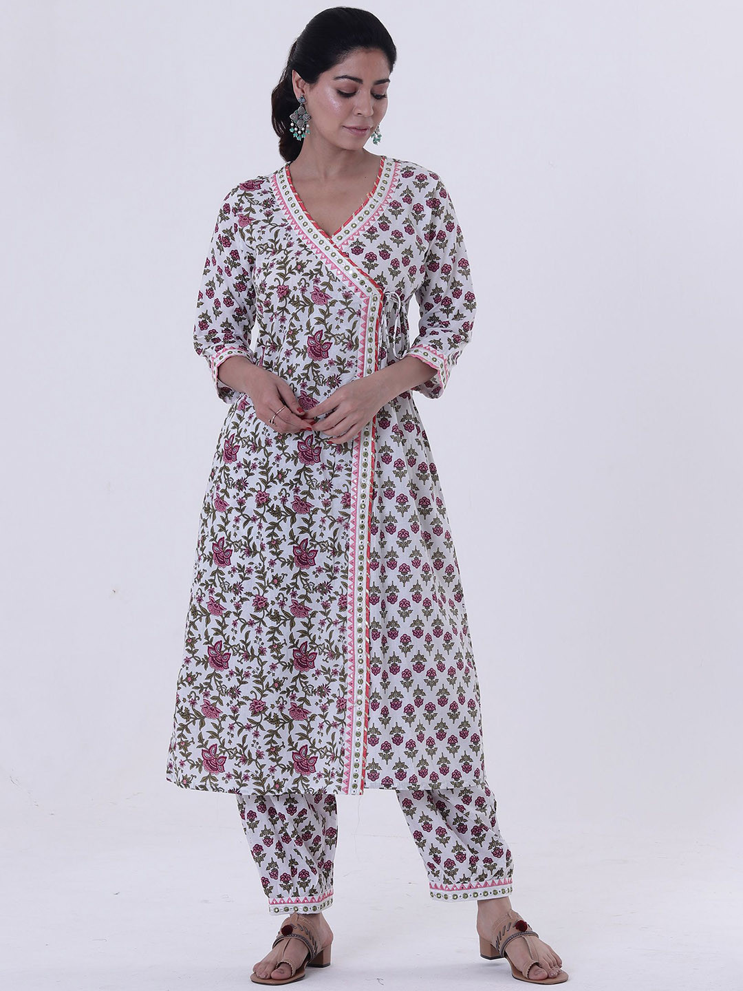 TJORI Floral Printed Angrakha Mirror Work Pure Cotton Kurta with Trousers