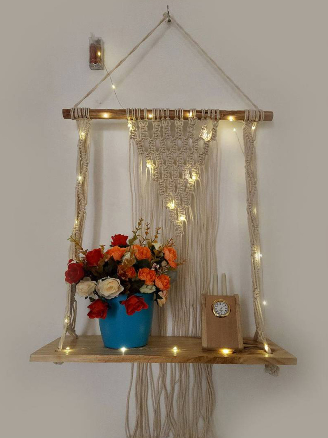 VAH Kya Bat Hai !! Brown Wooden Macrame Knotting LED Light Wall Hanging Shelf