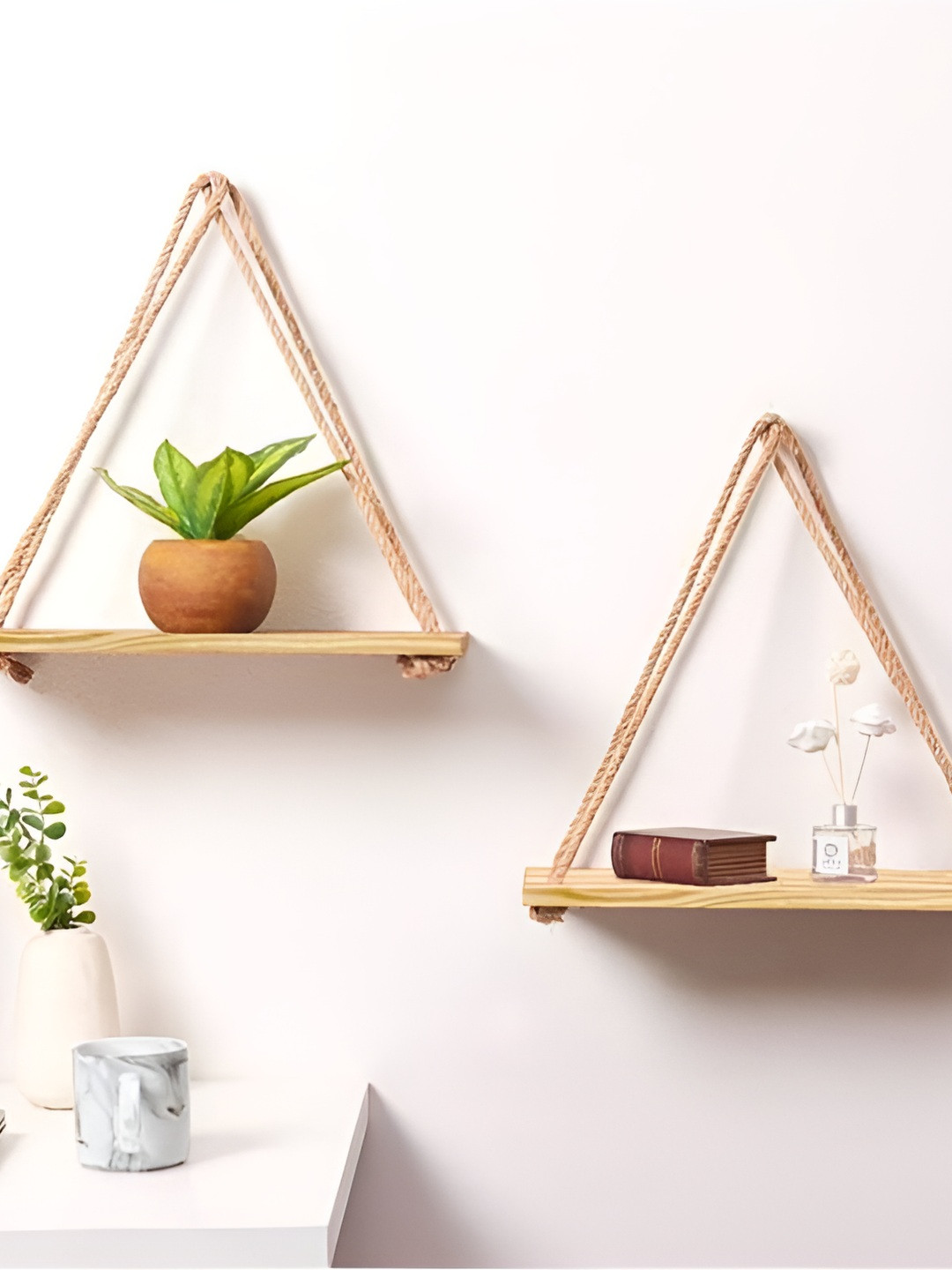 VAH Kya Bat Hai !! Beige 3 Pieces Wooden Rustic Rope Wall Hanging Shelf