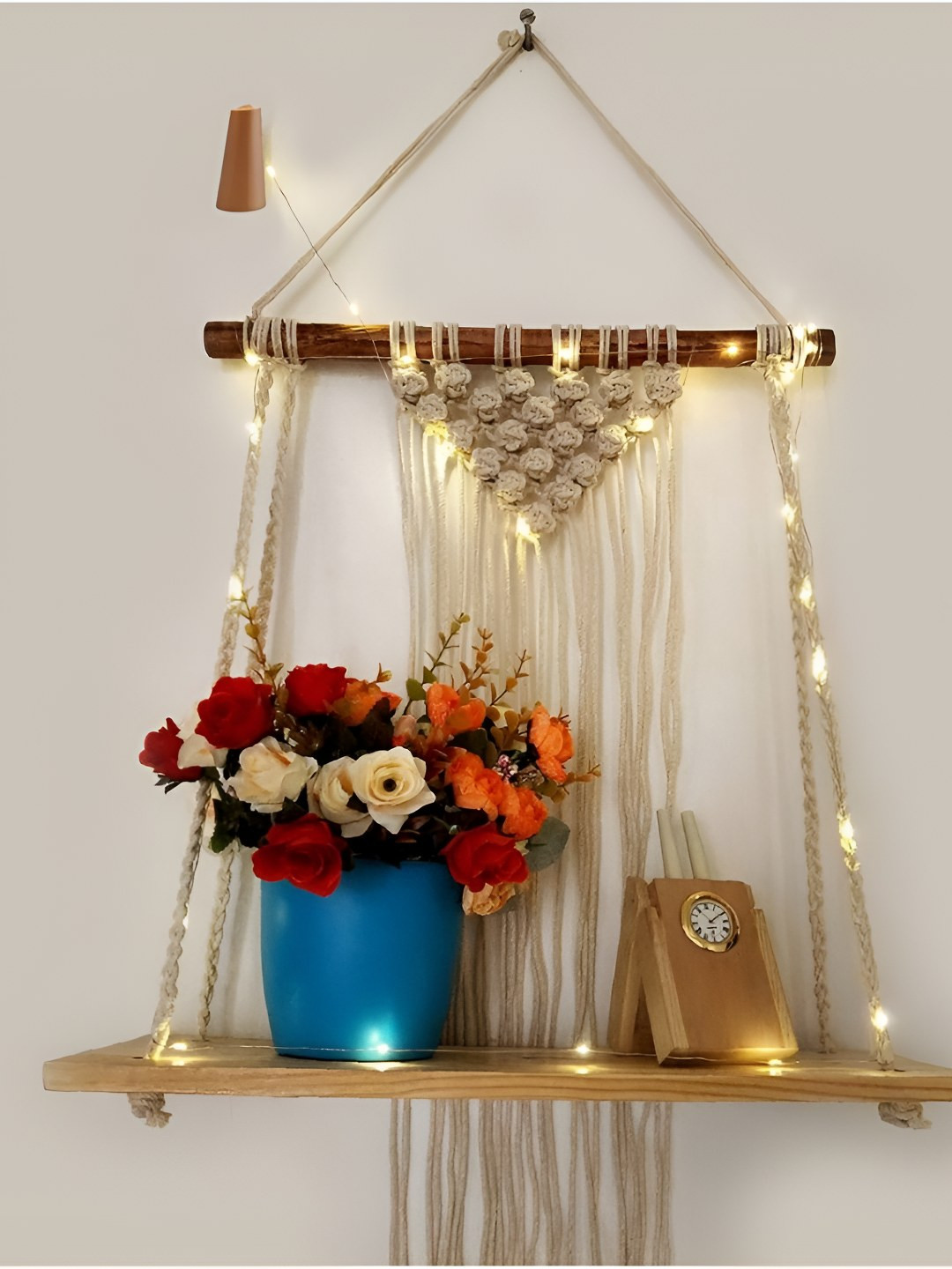 VAH Kya Bat Hai !! Brown Macrame Wooden LED Light Wall Hanging Rope Shelf