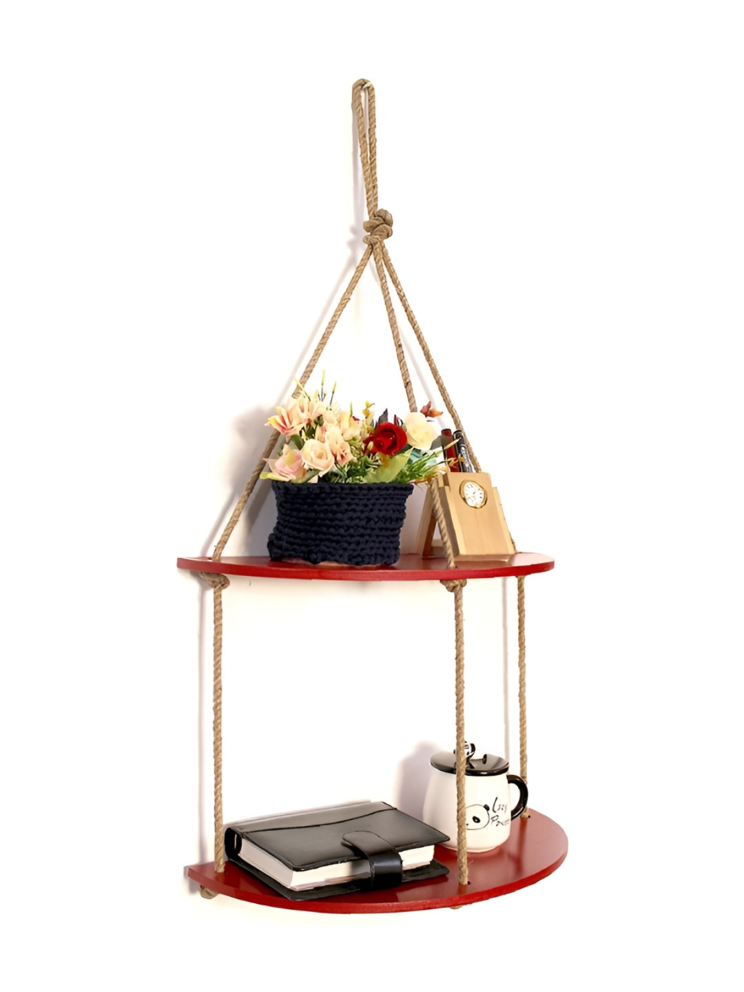 VAH Kya Bat Hai !! Red Wooden 2 Layer Half Oval LED Light Wall Hanging Shelf