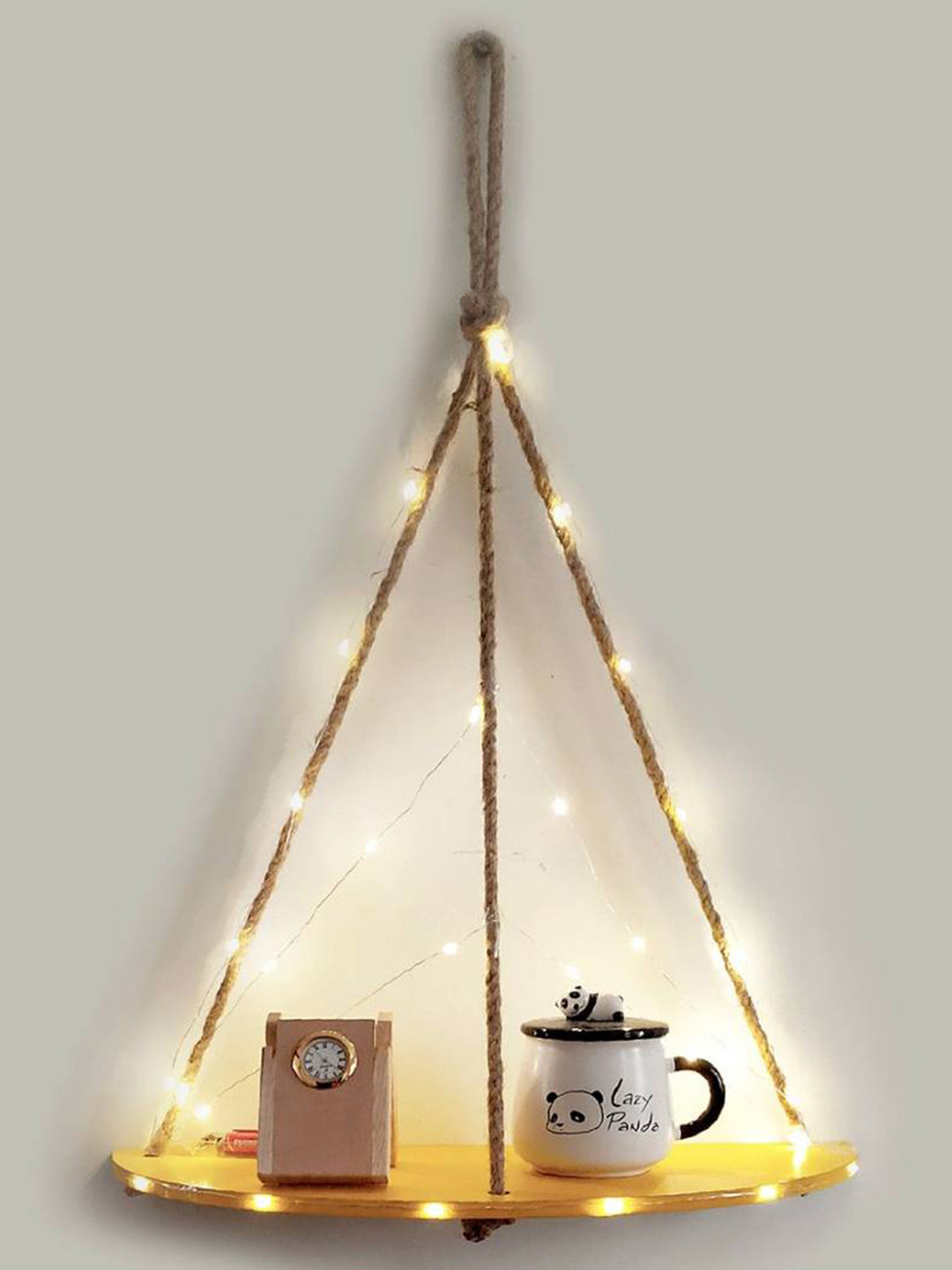 VAH Kya Bat Hai !! Yellow Wooden Half Oval LED Light Wall Hanging Shelf