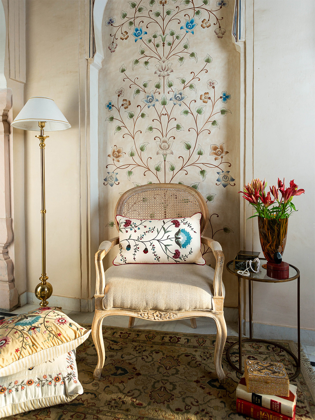 Mirooh Beige & Red Floral Embroidered Rectangular Pre Filled Cushion