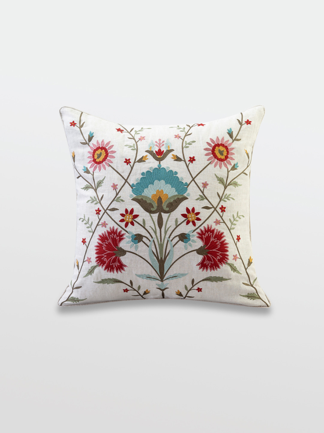 Mirooh White & Red Floral Embroidered Cotton Linen With Filler Cushion