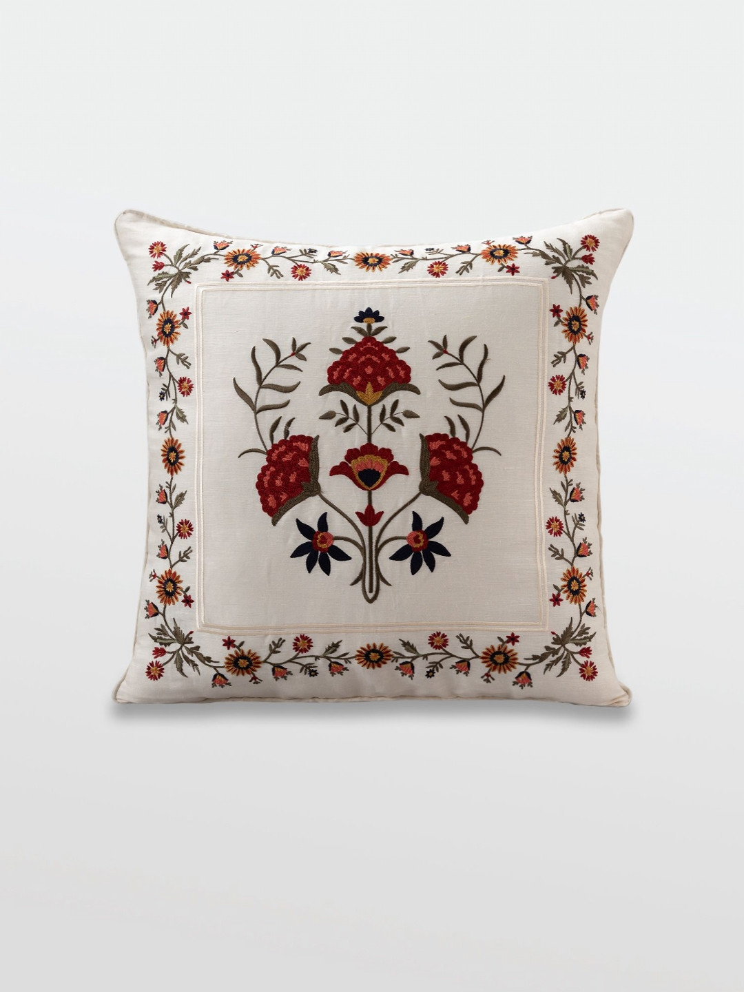 Mirooh White & Red Embroidered Cotton Linen Cushions