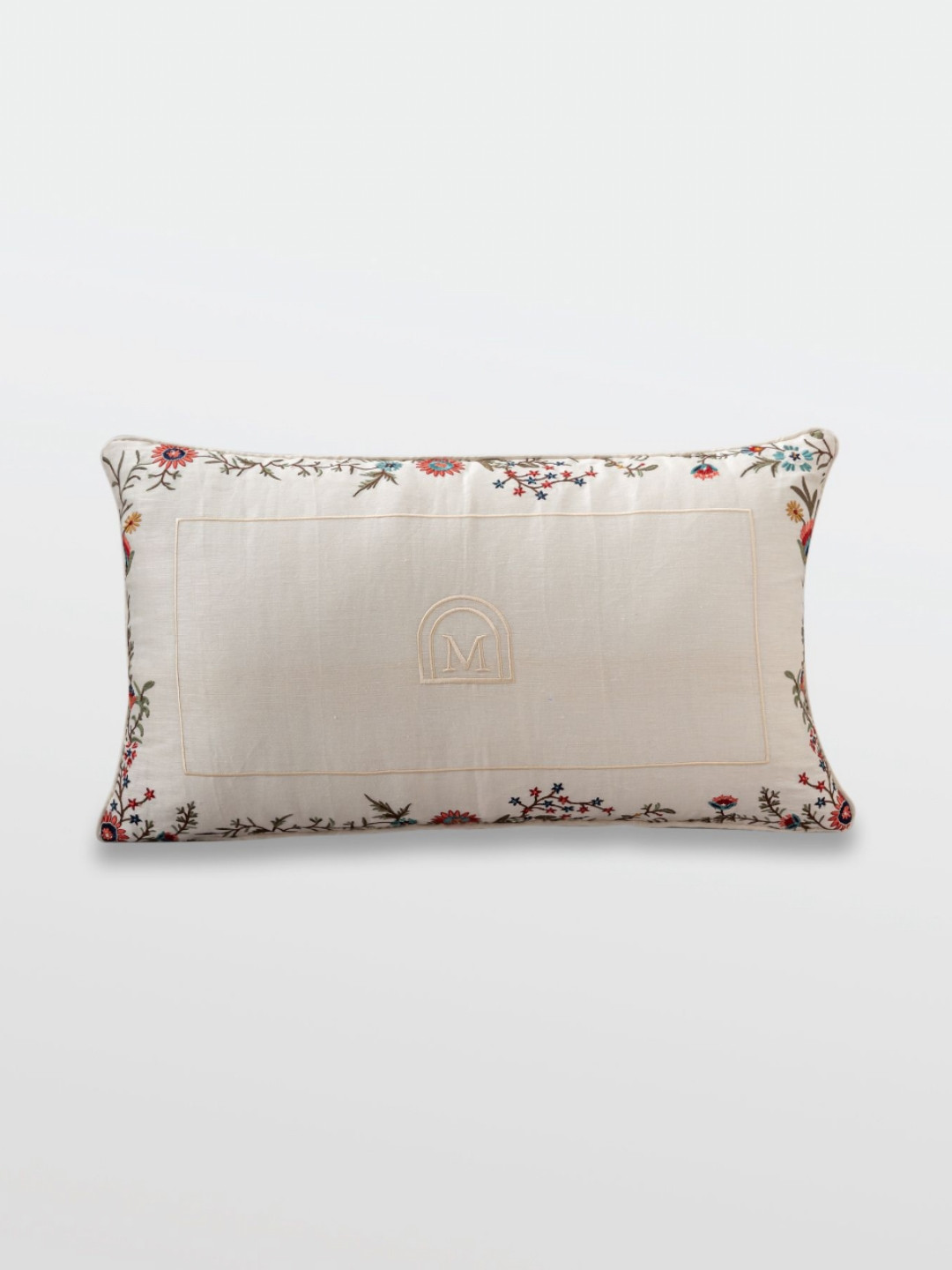 Mirooh Beige & Red Cotton Linen Rectangle Embroidered Cushion