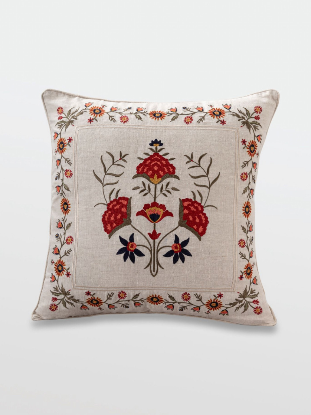 Mirooh Beige & Red Embroidered Cotton Linen Cushions