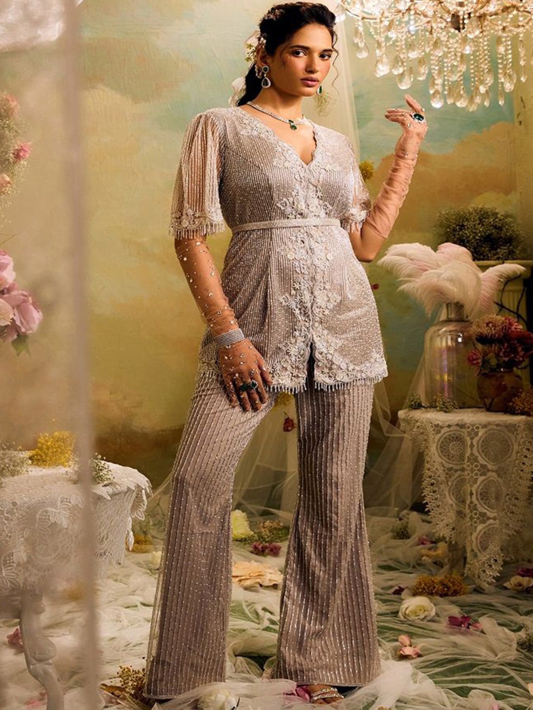 Studio22 by Pulkita Arora Bajaj Floral Embroidered Regular Thread Work Tunic With Trousers