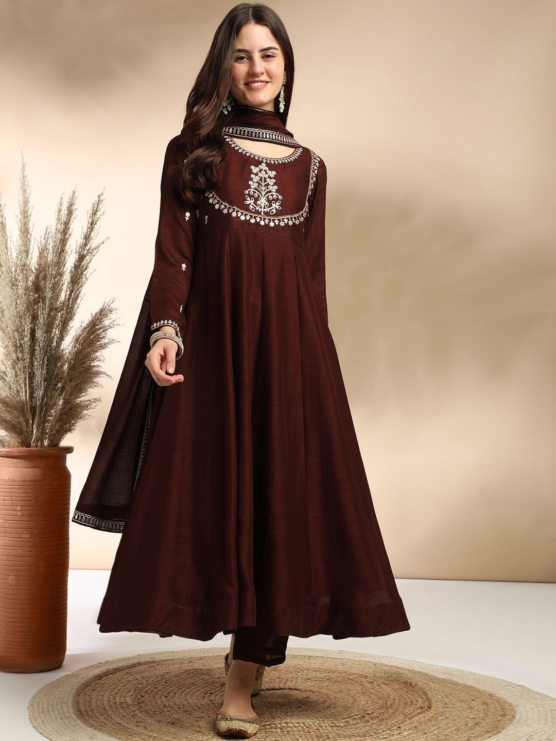 MOKOSH Women Silk Embroidered Anarkali Kurta And Pant With Dupatta Set