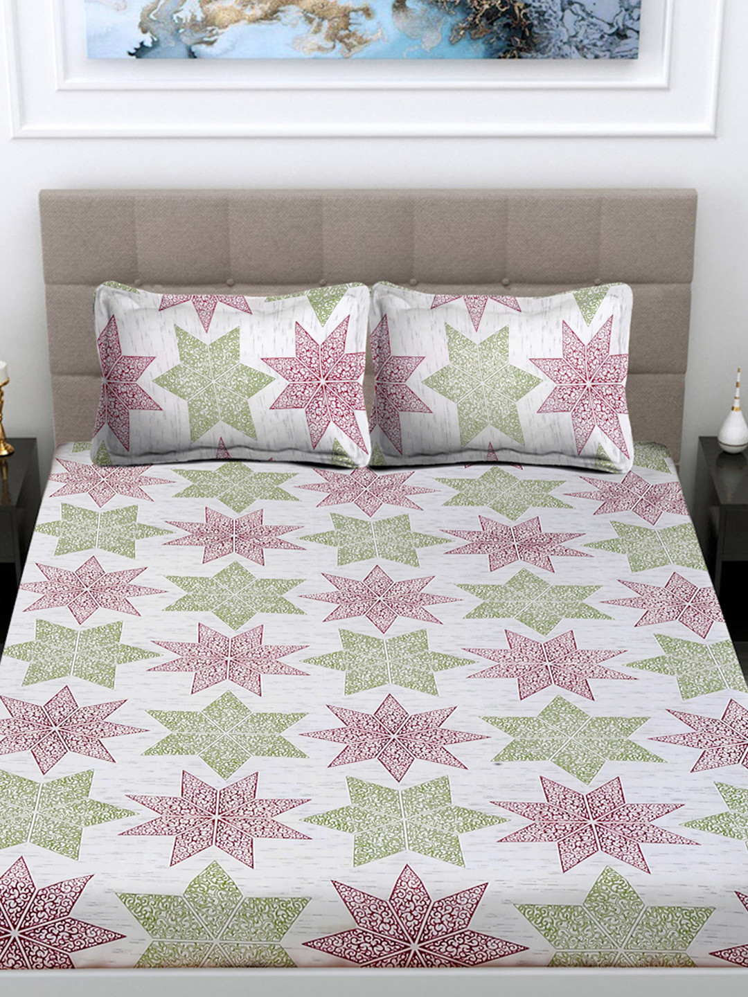 FABINALIV Dreams White Geometric Cotton Skin-Friendly 300 TC King Fine Bedsheet with 2 Pillow Covers-250 x 225 cm