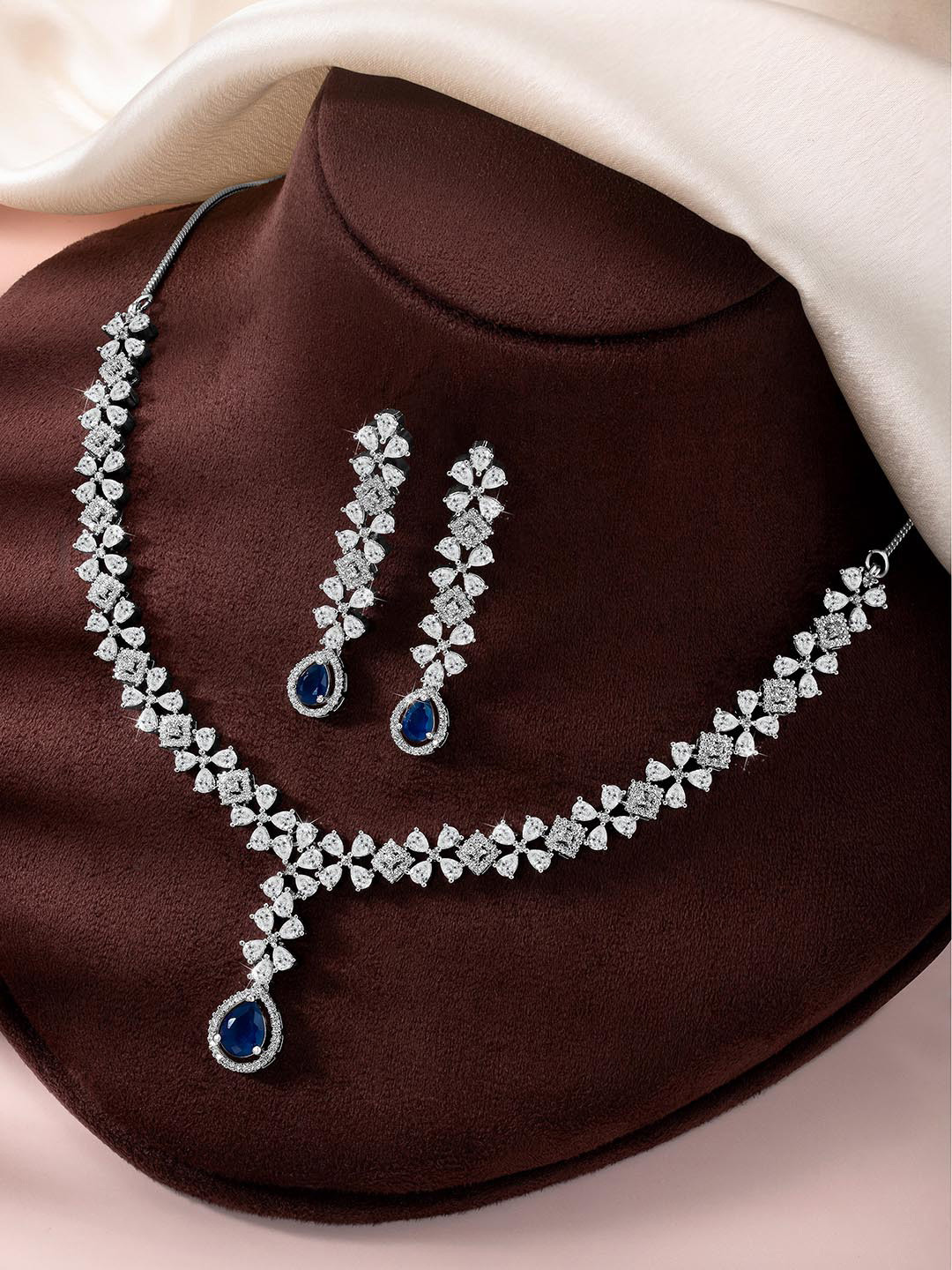 Peora Silver Plated Cubic Zirconia & Blue Crystal Studded Necklace & Drop Earrings Set