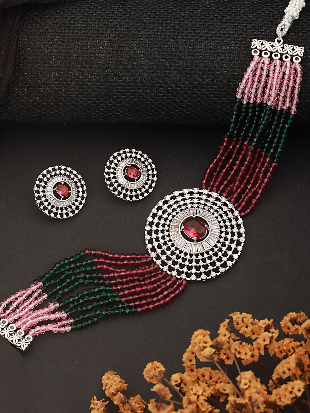 Saraf RS Jewellery Silver Plated Brass Beaded Jewellery Set