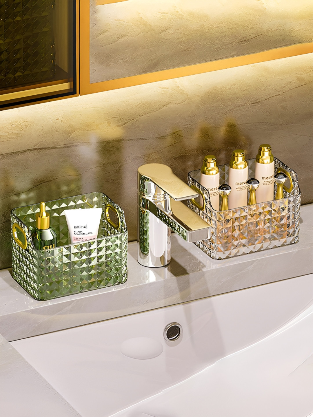 Kuber Industries Green Checked Crystal Finishing Makeup Desk Organizer