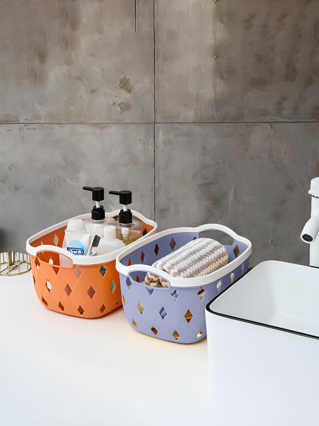 Kuber Industries Grey & Orange 2 Pieces Self DesignTote Basket Organisers