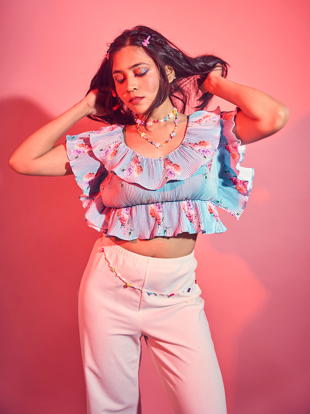 D BIAS Floral Print Kimono Sleeve Satin Top