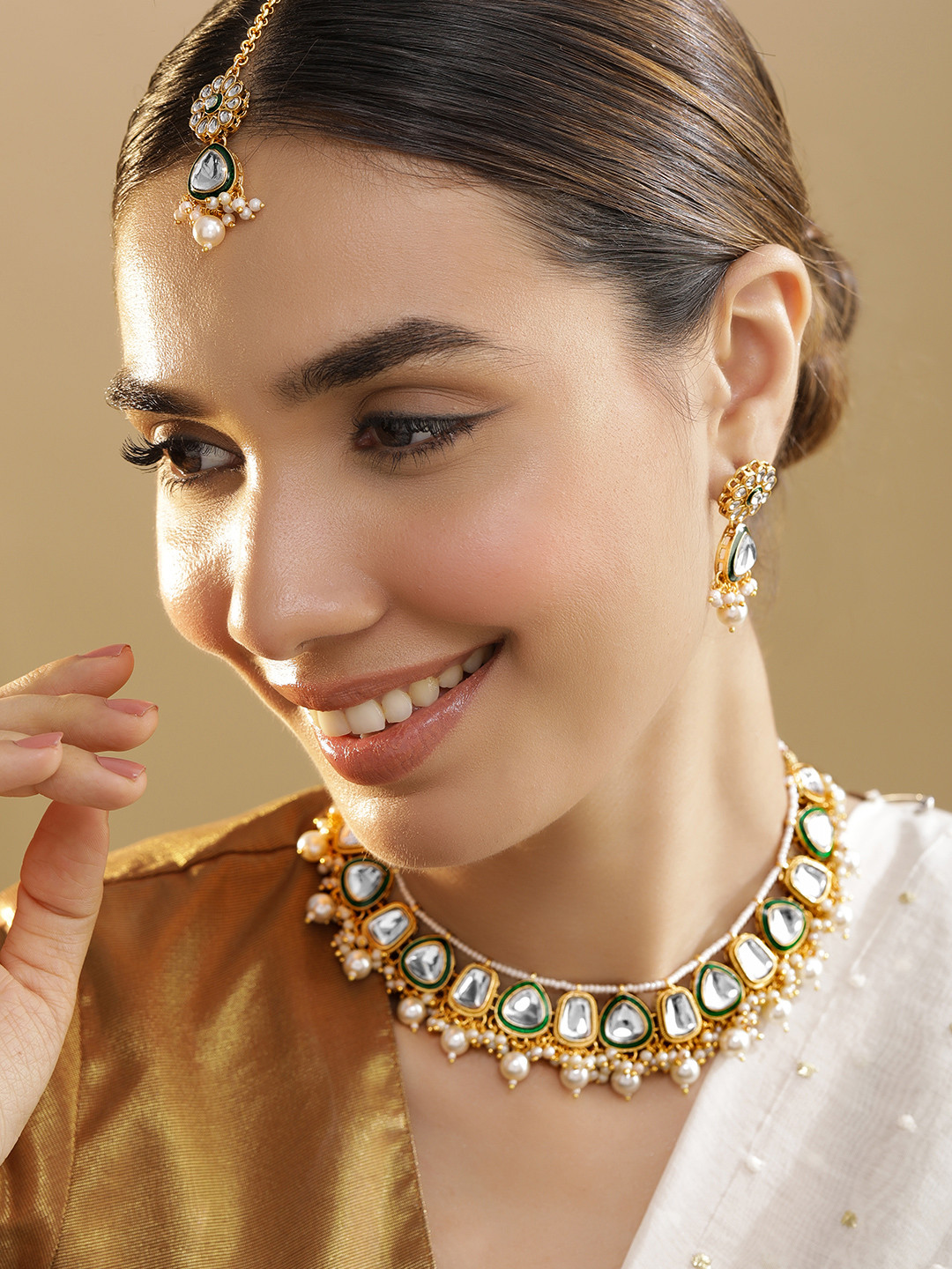 Rubans 18K Gold Plated White Kundan & Pearls Beads With Green Eanmel Border Jewellery Set