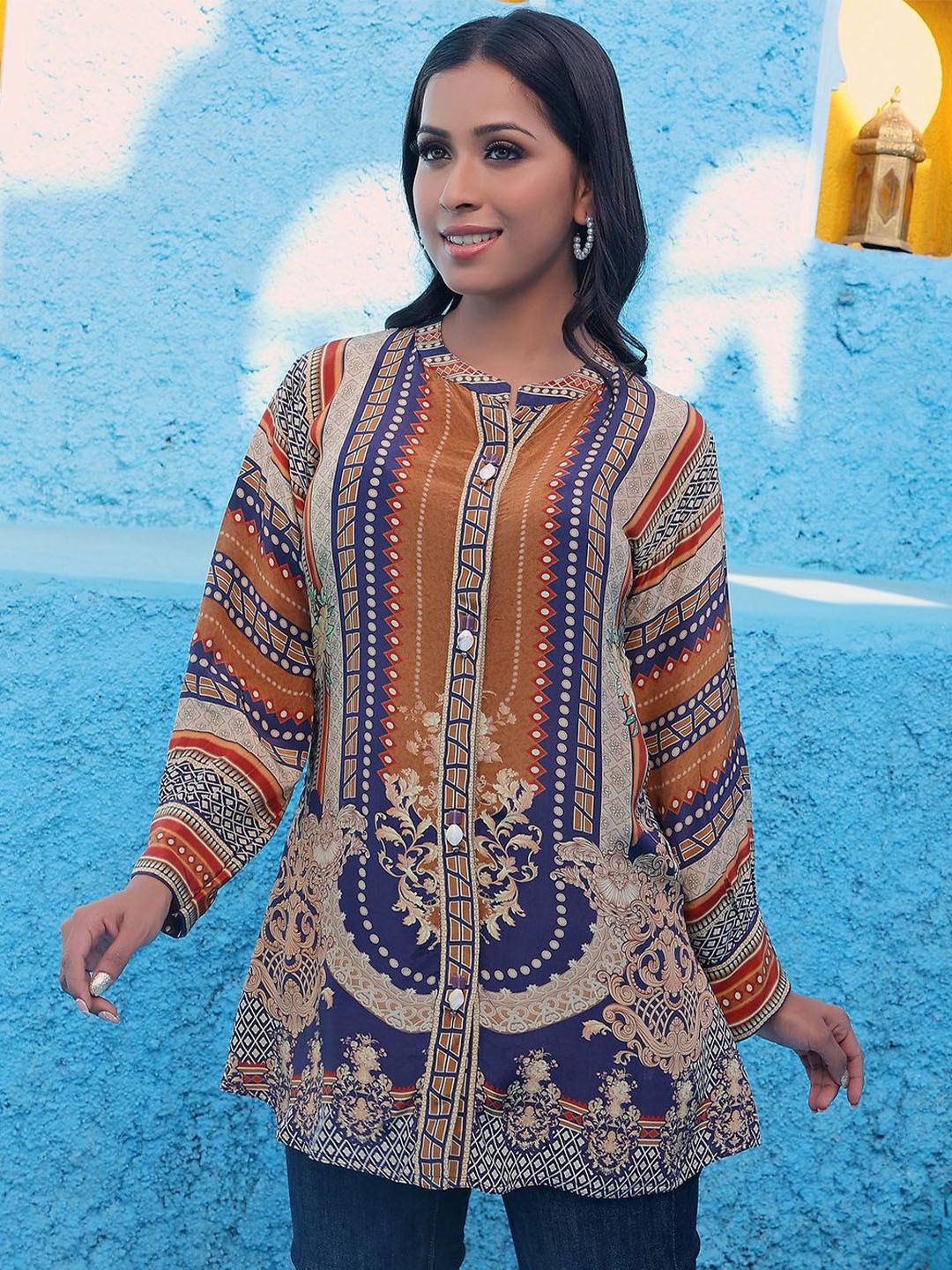 Kaftanize Mandarin Collar Printed Tunic