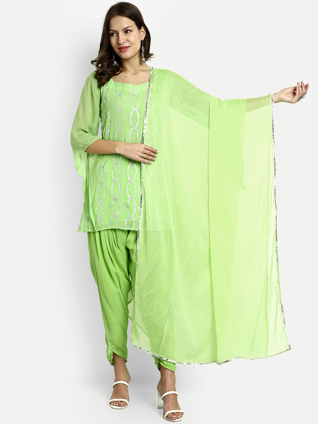 GENDAFOOL Geometric Embroidered Square Neck Sequinned Kurti with Dhoti Pants & Dupatta