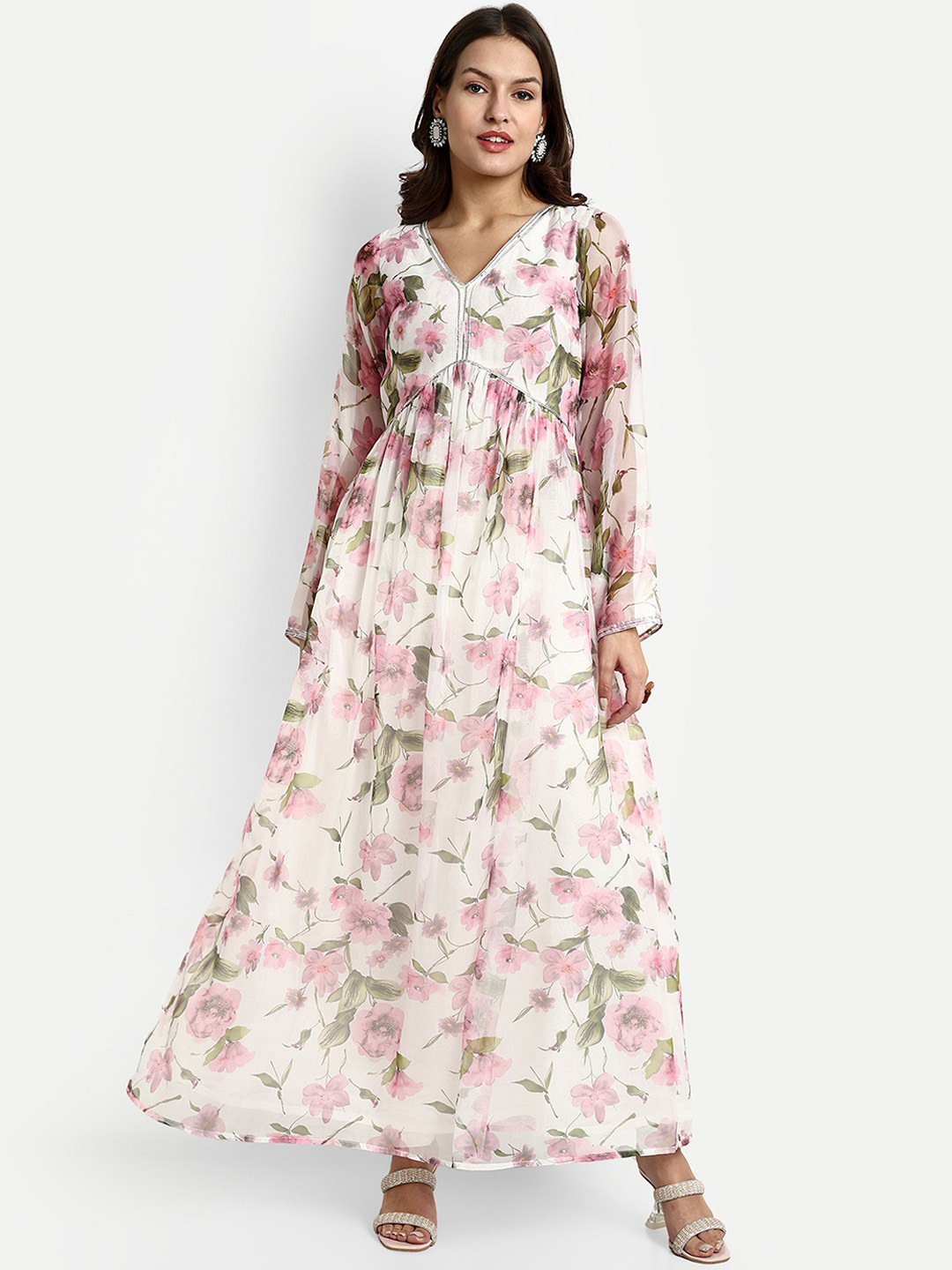 GENDAFOOL Floral Printed Organza Anarkali Kurta With Churidar & Dupatta