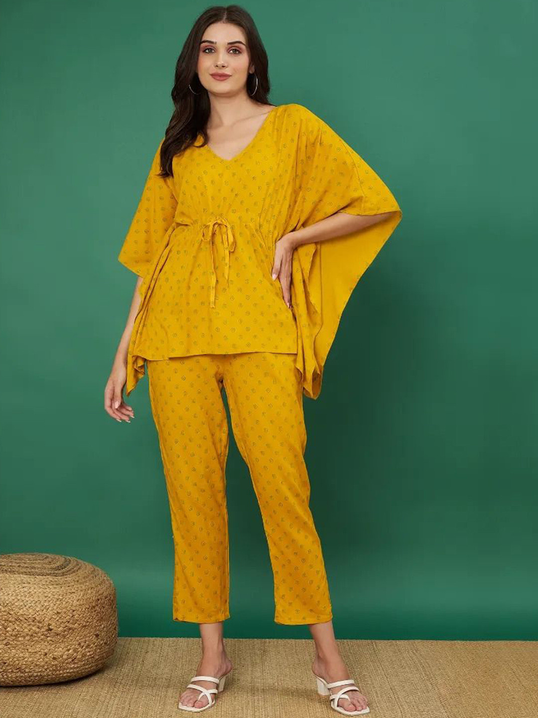 Aaheli Printed Cotton Kaftan Top With Trousers