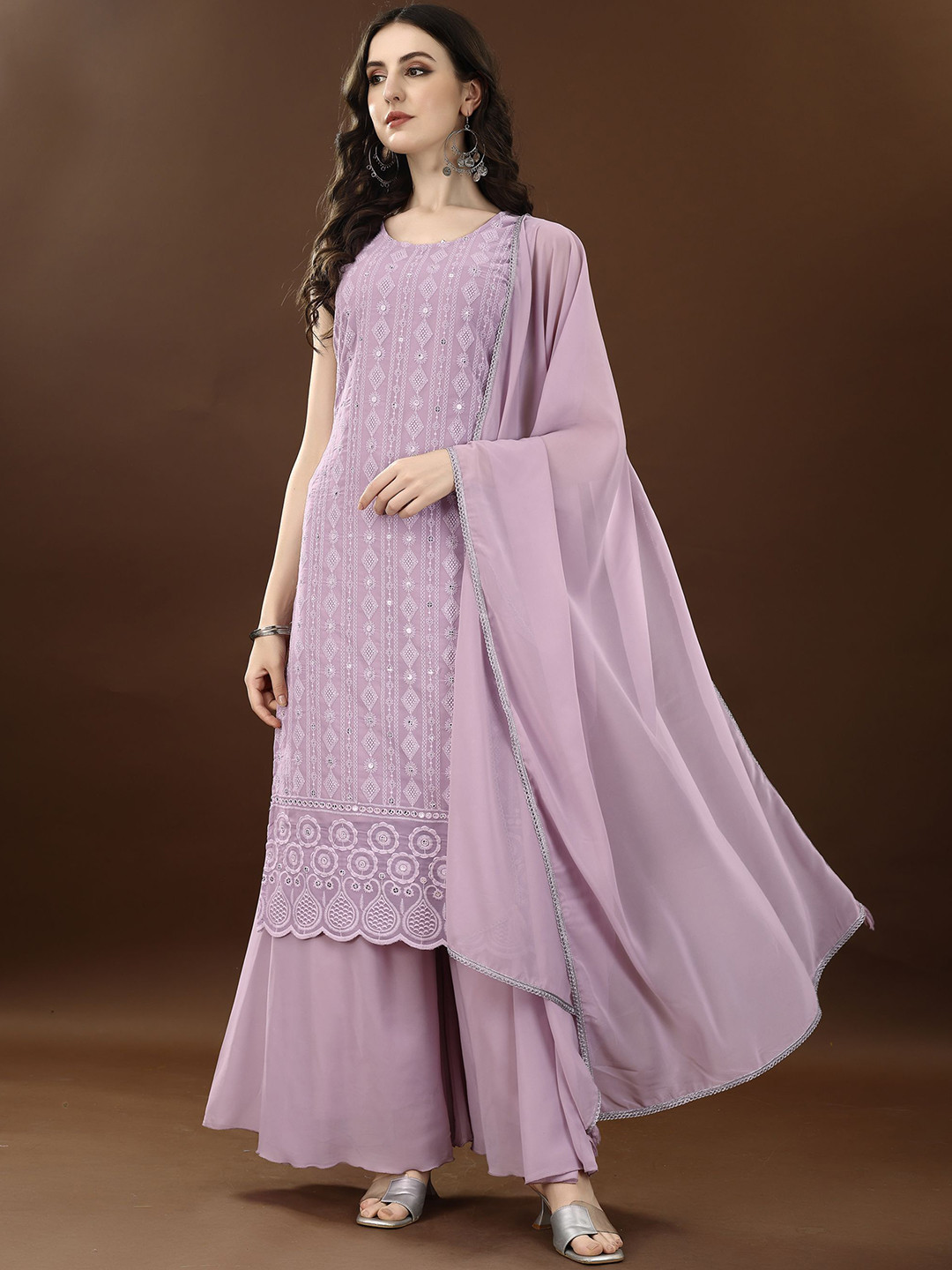 Shopping Queen Embroidered Sequinned Straight Kurta & Palazzos With Dupatta