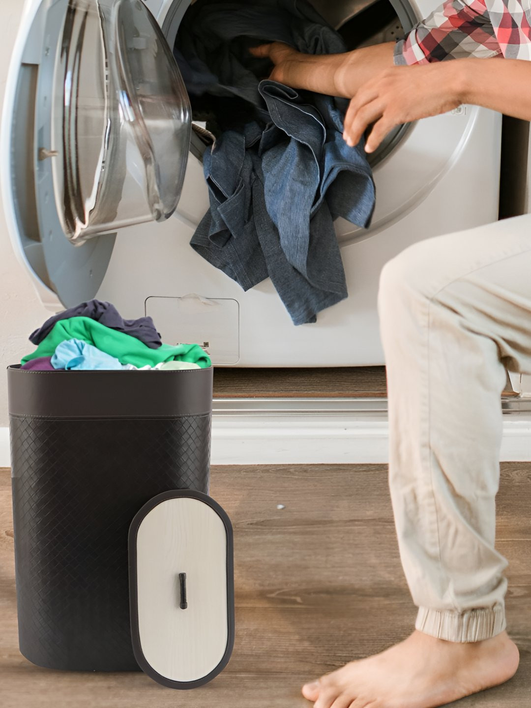 THE HOME CO. Grey Self Design Laundry Bin With Lid