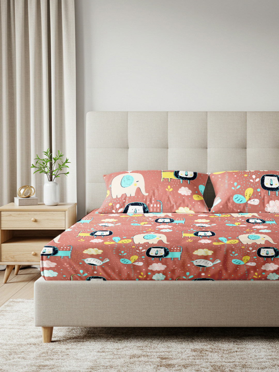 URBAN SPACE Orange Cartoon Characters 200 TC Cotton Queen Bedsheet & 2 Pillow Covers