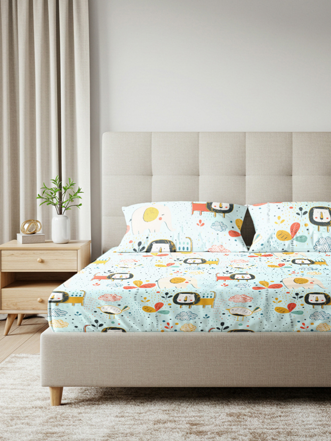 URBAN SPACE Blue Cartoon Characters 200 TC Cotton Fitted King Bedsheet & 2 Pillow Covers