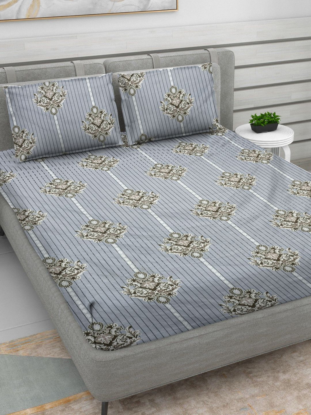 RRC RR Creations Grey Floral Microfiber 210 TC King Bedsheet with 2 Pillow Covers-108 x 106 inches