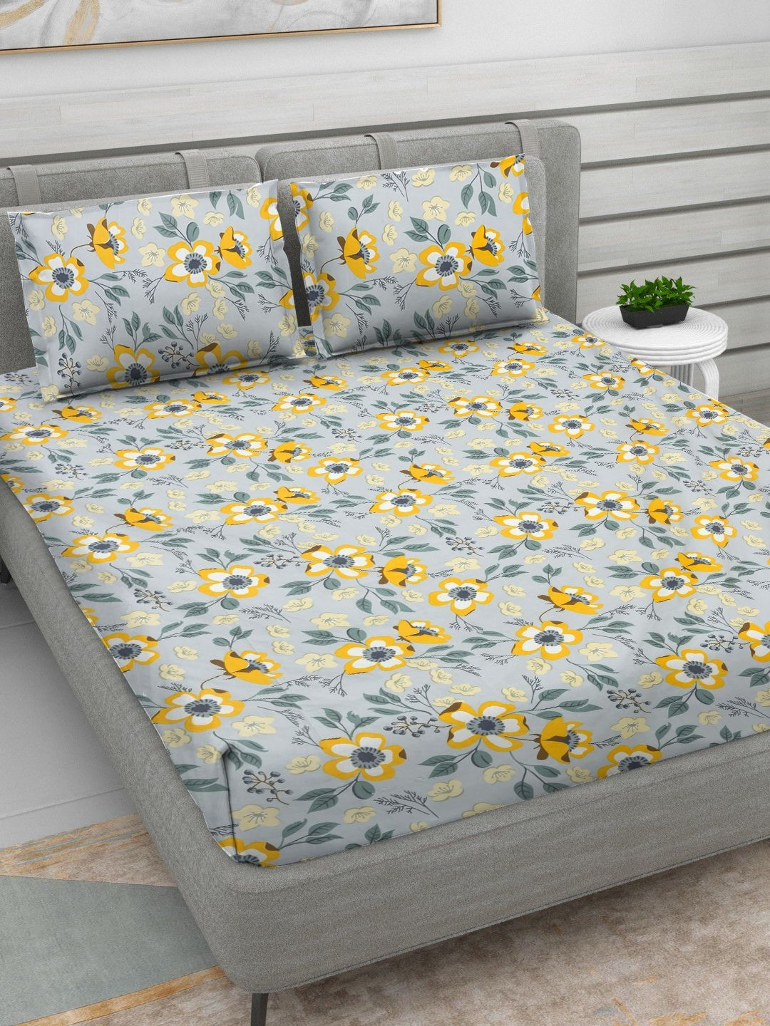 RRC Grey Floral Microfiber 144 TC Queen Bedsheet with 2 Pillow Covers-100 x 90 inches