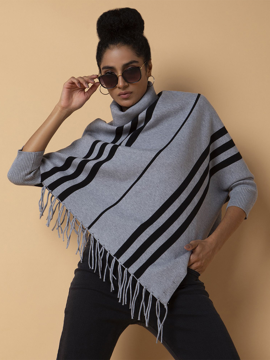 SHOWOFF Women Striped Longline Poncho with Fringed Detail