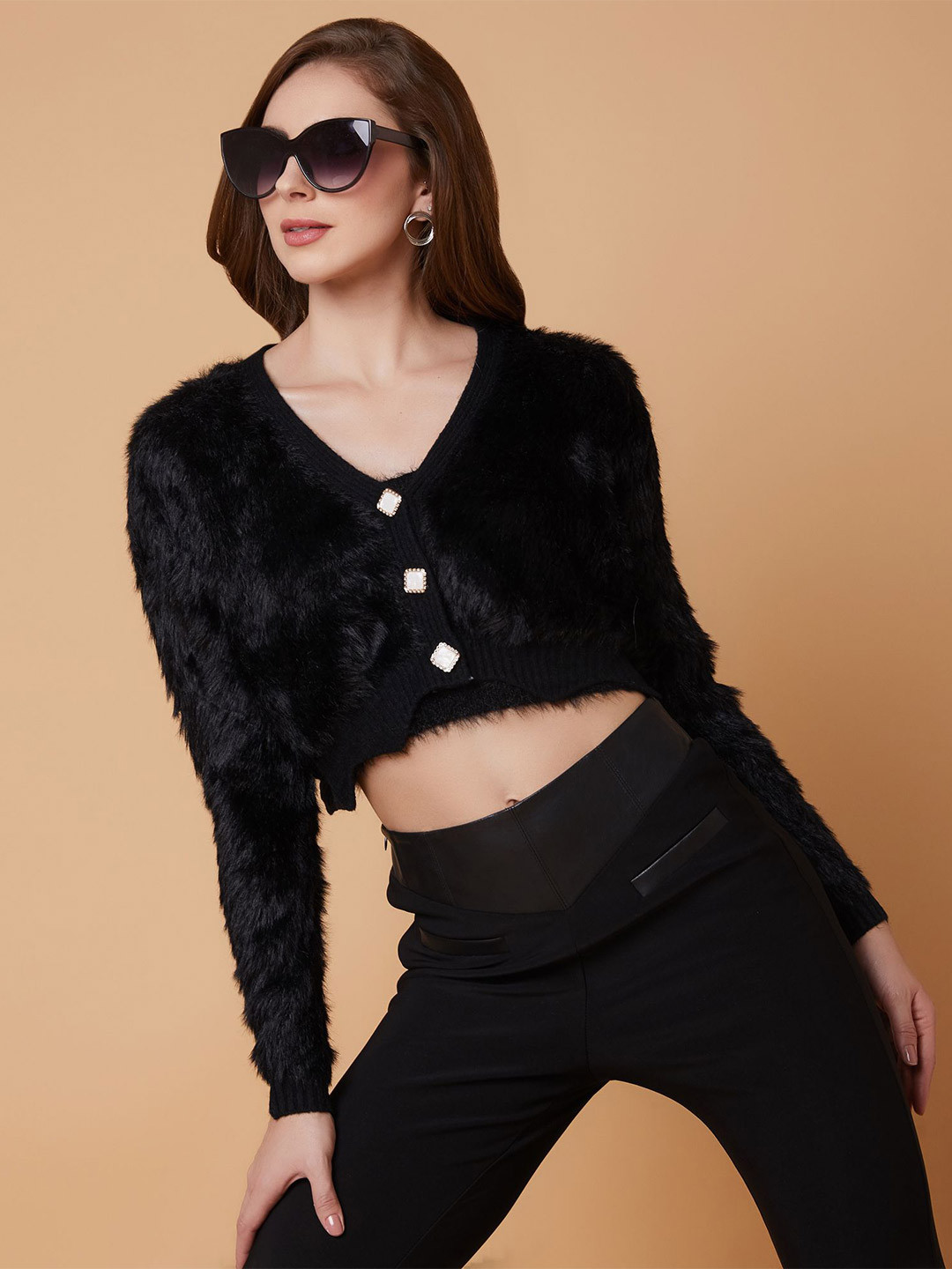 SHOWOFFFF Women Solid Crop Cardigan with Fuzzy Detail