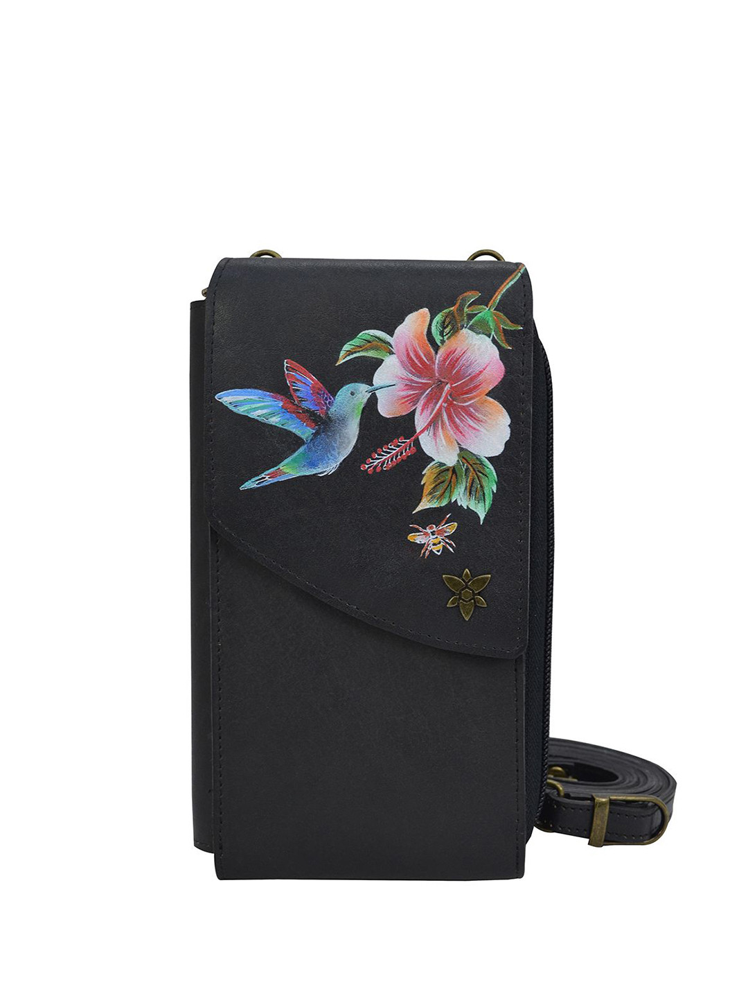 Anuschka Hand Painted Hummingbird Black Leather Crossbody Phone Case