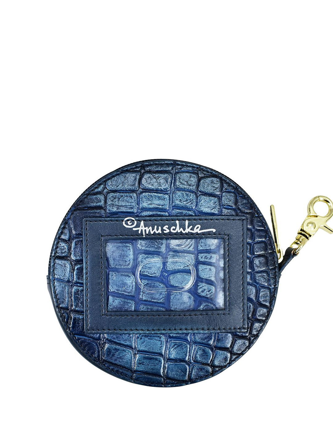 Anuschka Women Croc Embossed Sapphire Hand painted Leather Round Coin Pouch