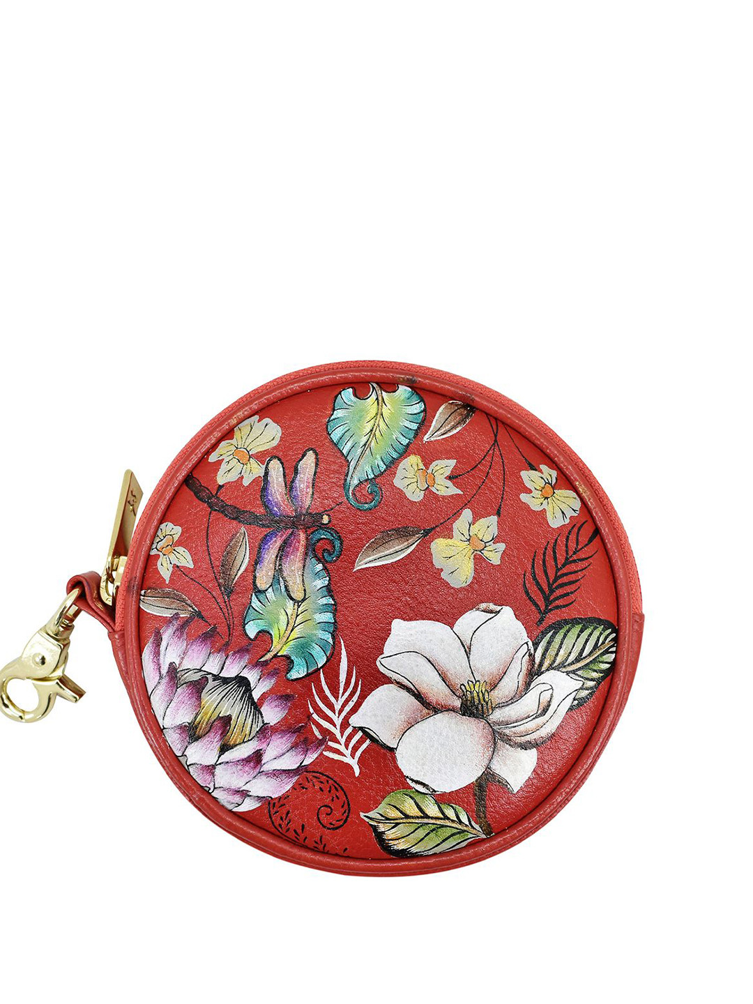 Anuschka Women Crimson Garden Hand Painted Leather Round Coin Pouch