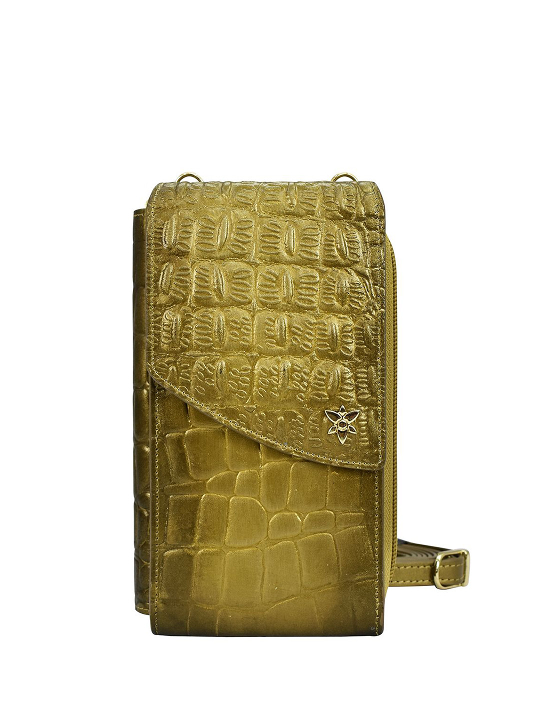 Anuschka Hand Painted Croc Embossed Desert Gold Leather Crossbody Phone Case