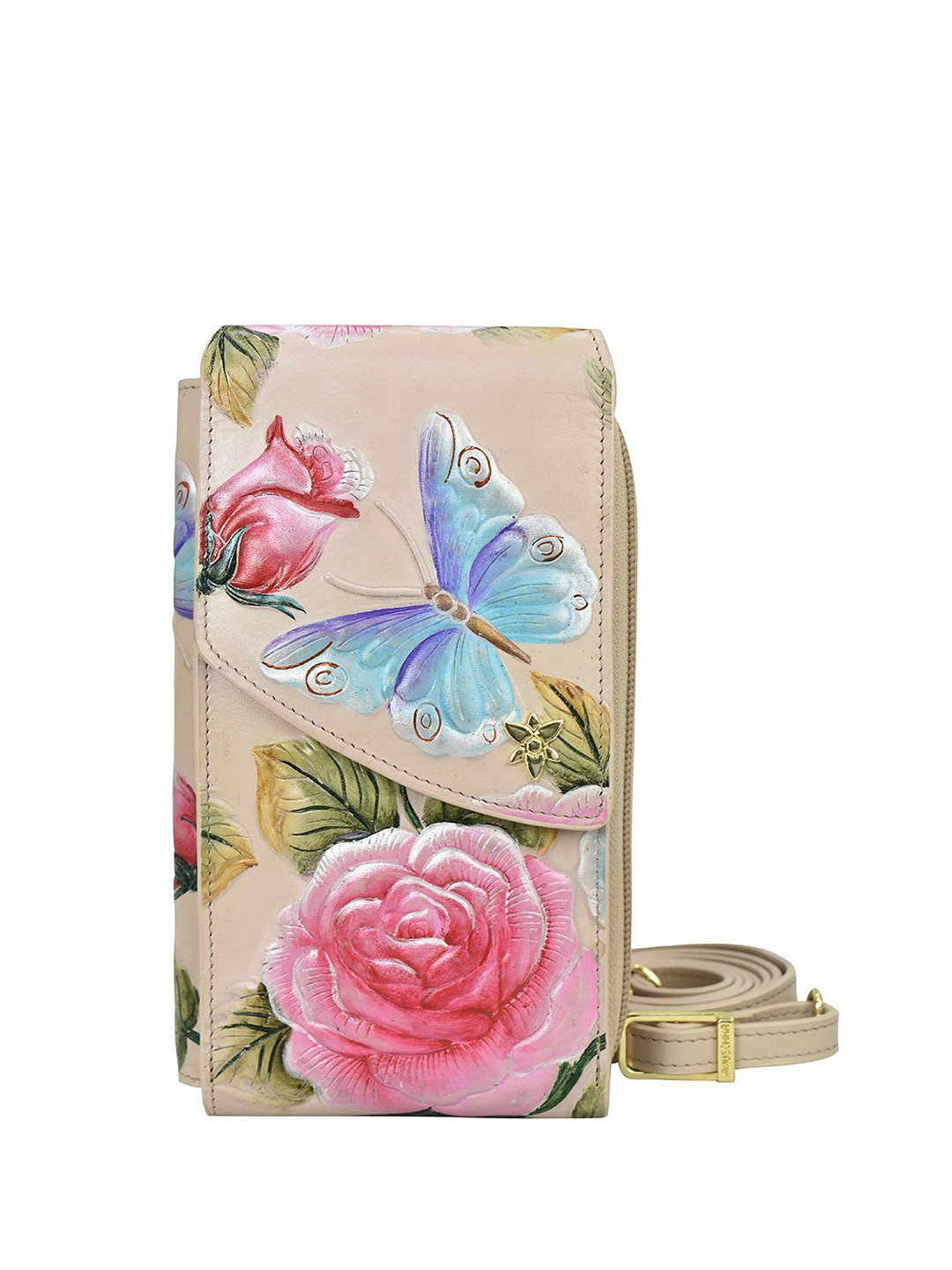 Anuschka Hand Painted Tooled Rose Almond Leather Crossbody Phone Case
