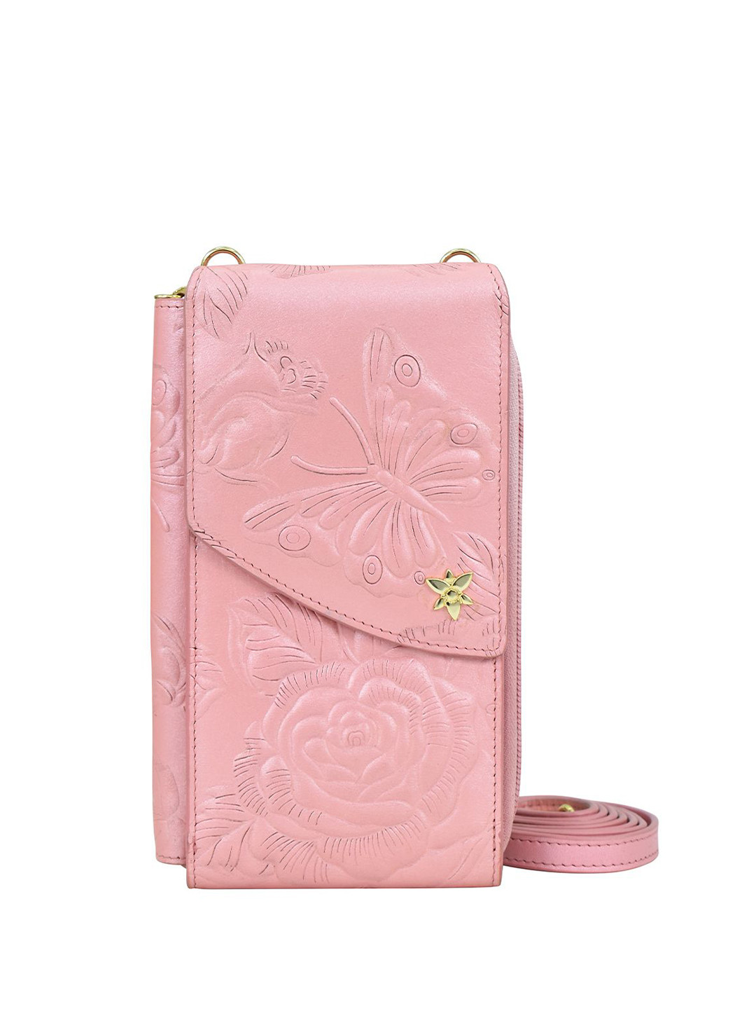 Anuschka Hand Painted Tooled Rose Pearl Pink Leather Crossbody Phone Case