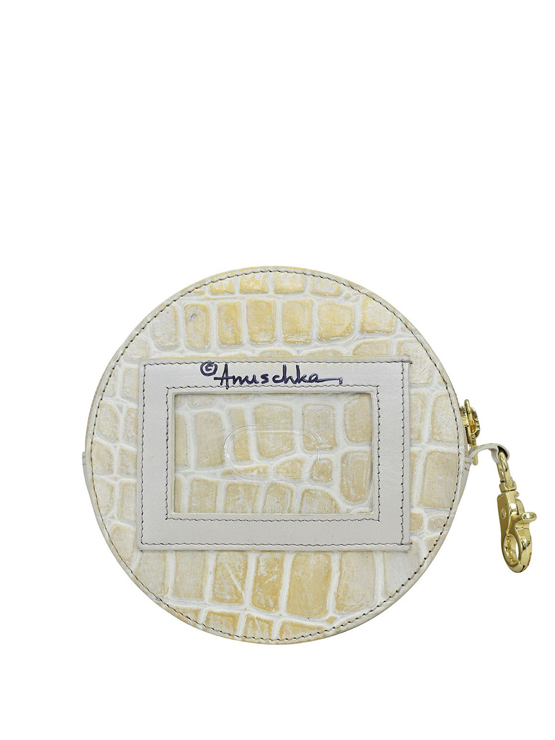 Anuschka Women Croc Embossed Cream Gold Hand painted Leather Round Coin Pouch