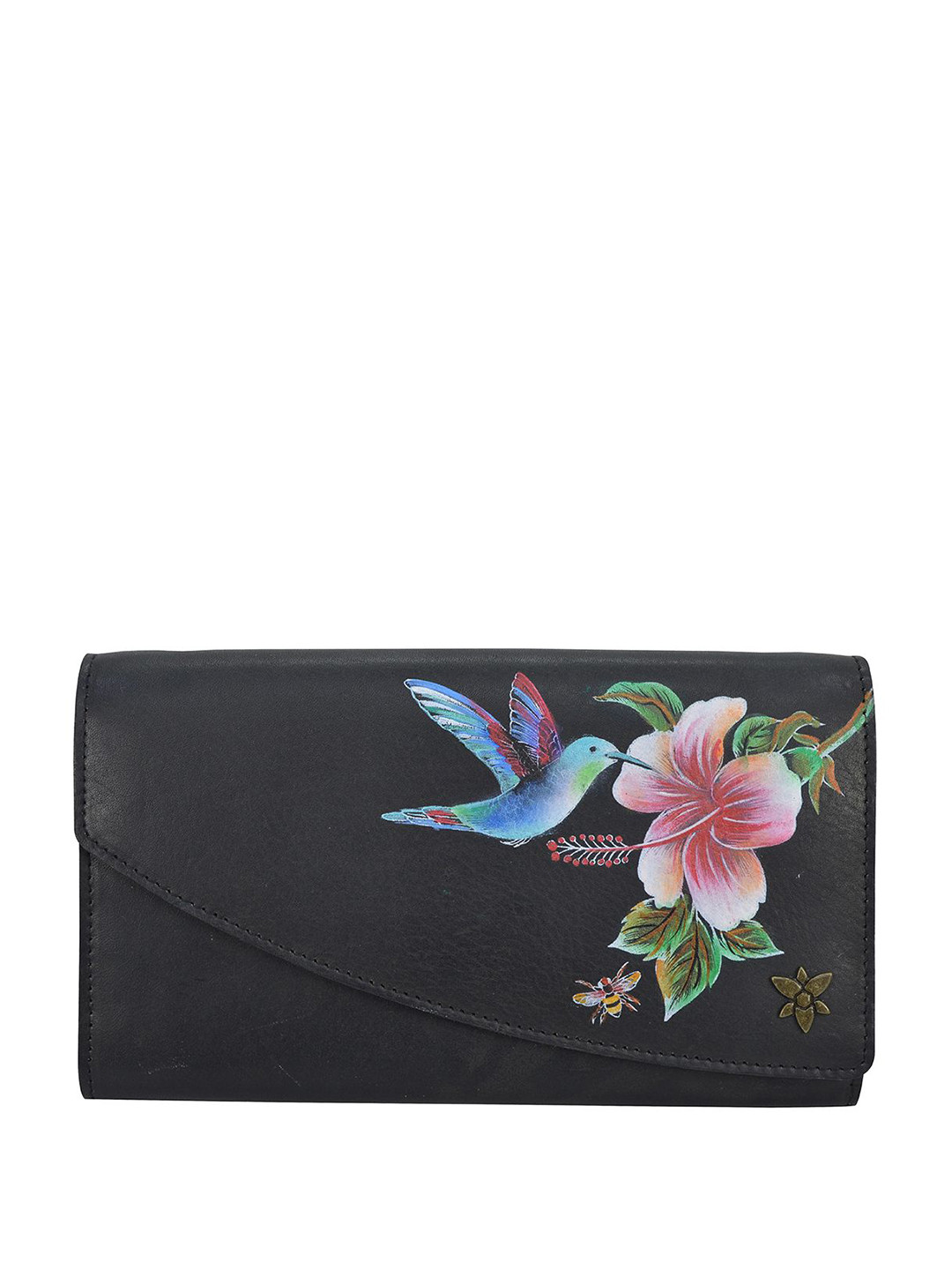 Anuschka Hand Painted Hummingbird Black Leather Accordion Flap Wallet