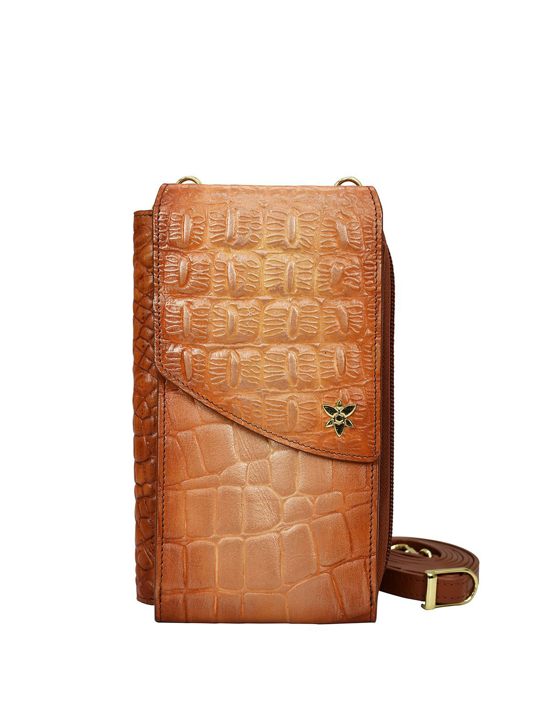 Anuschka Hand Painted Croc Embossed Caramel Leather Crossbody Phone Case
