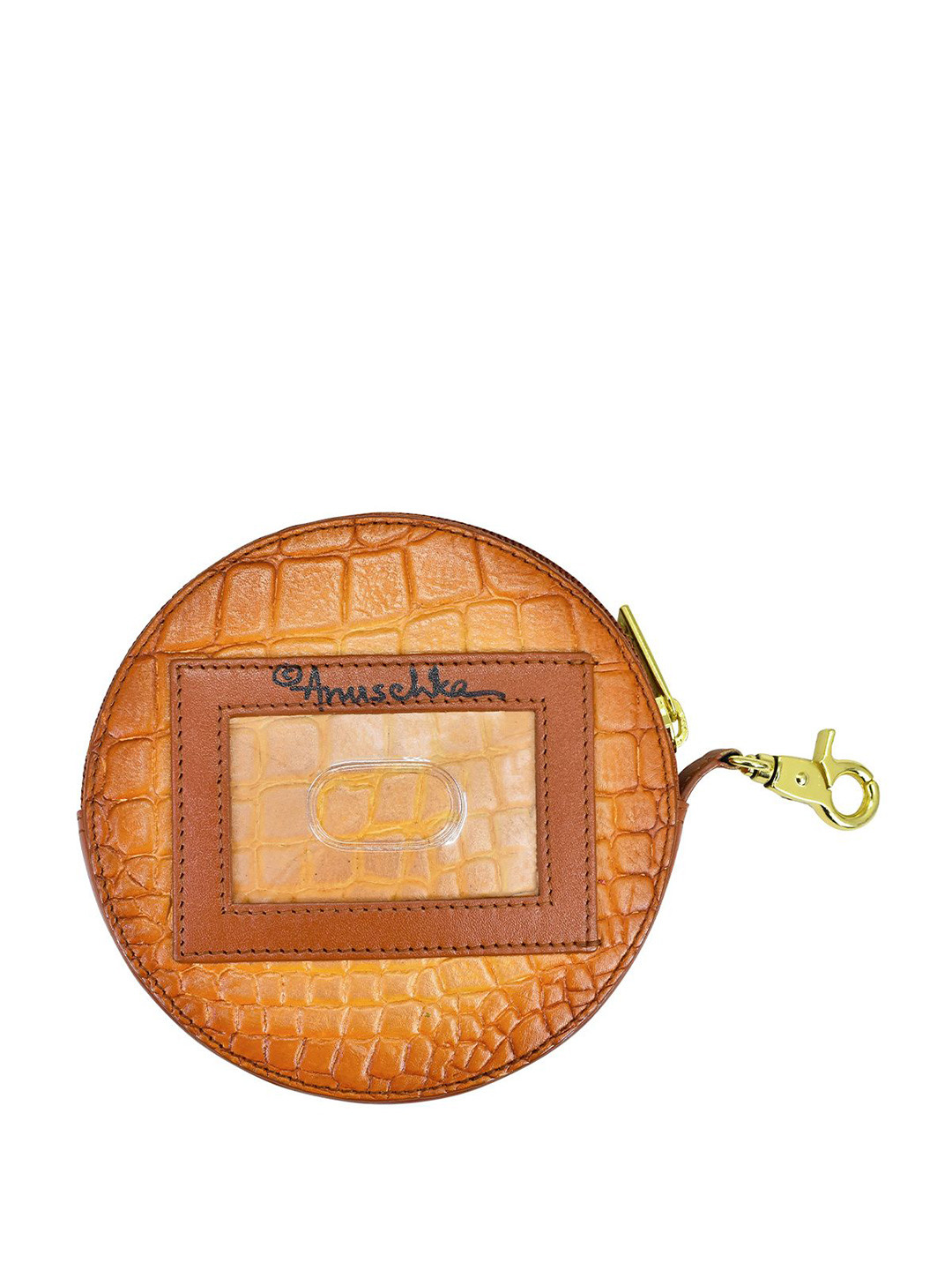 Anuschka Women Croc Embossed Caramel Hand Painted Leather Round Coin Pouch
