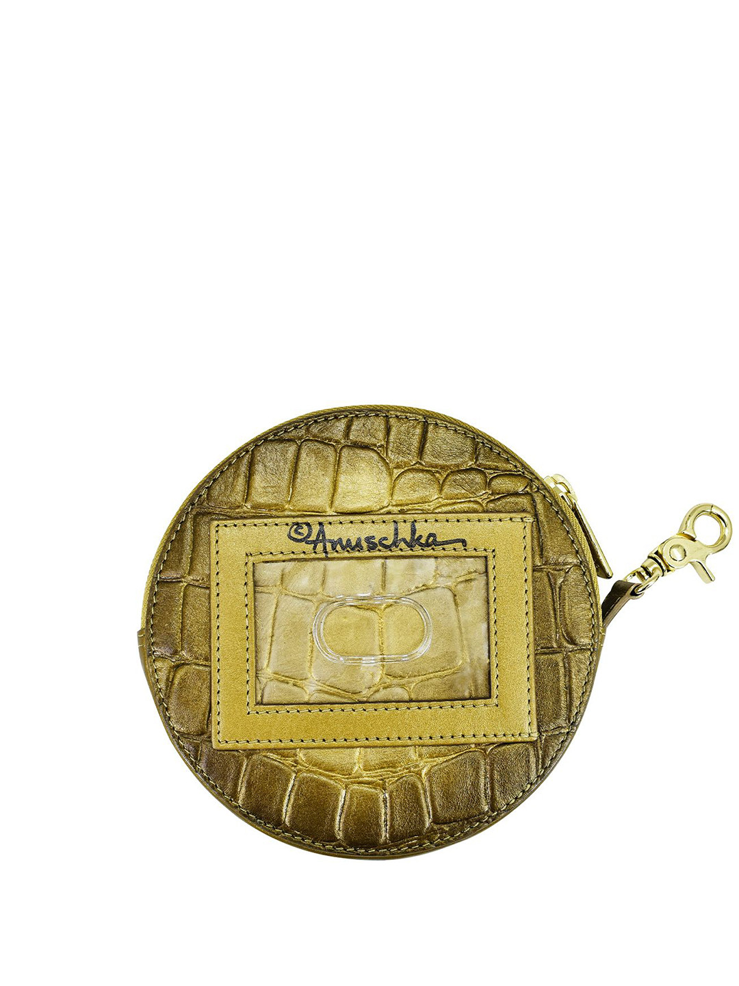 Anuschka Women's Croc Embossed Desert Gold Handpainted Leather Round Coin Pouch